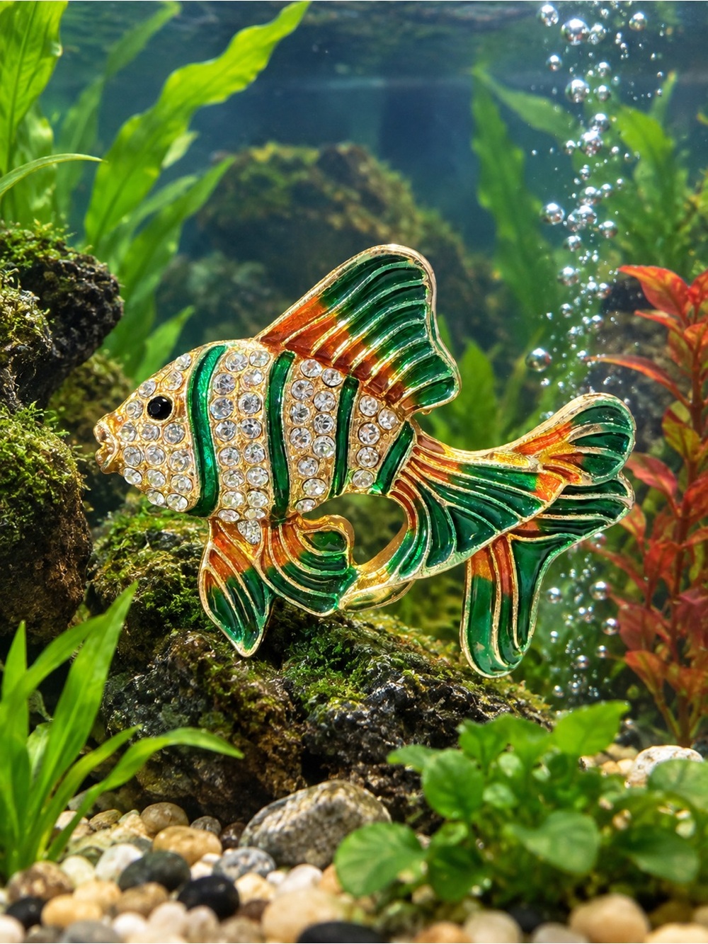 Goldfish Brooch in Orange and Green with Clear Rhinestones